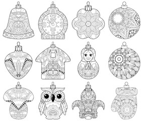 Zentangle stylized Christmas set of decorations. Hand Drawn lace vector illustration