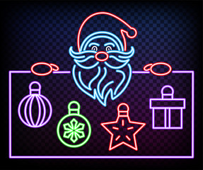 Neon Santa is holding banner. Glow on black background. Place for text. Christmas banner