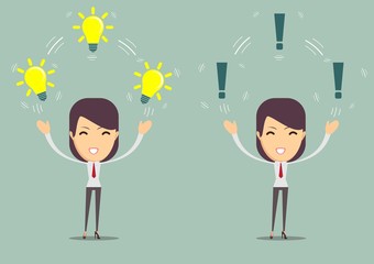 Portrait of a beautiful expressive young brunette with light bulb idea sign. Stock flat vector illustration.