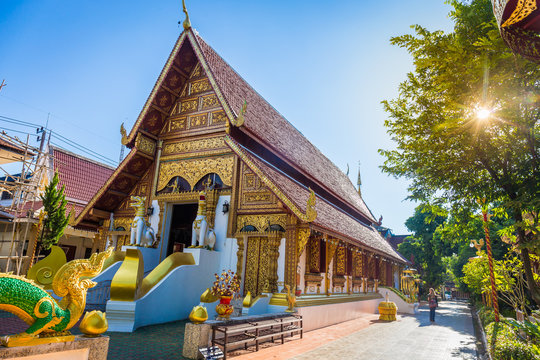 Wat Phra Singh temple is a buddhist temple located in Chiang Rai, northern Thailand. Landmark of Chiang Rai, Translation text in the image "please take off your shoes"