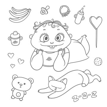 Vector set joyful child and sleeping kitten. Baby bottle with water or milk, other food, hearts and sweets. Flat chubby funny curly kid with big eyes and cat black color sketch contour illustration