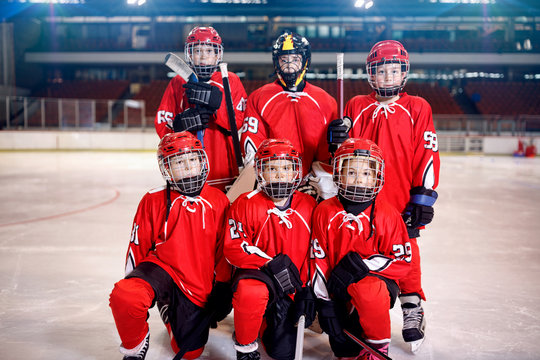 ice hockey boys players team portrait.
