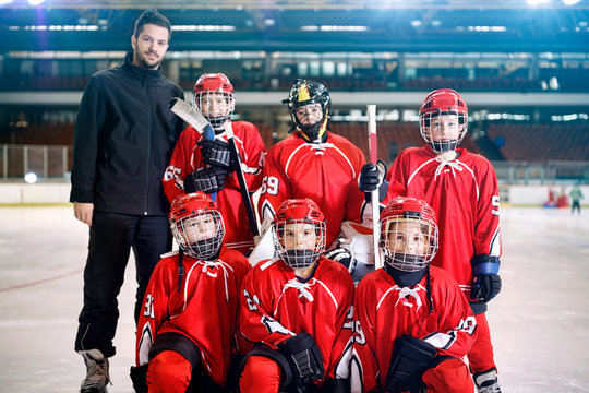 portrait of boys players team ice hockey .