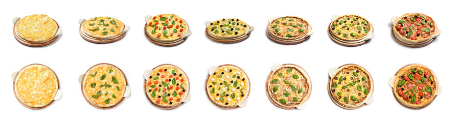 Set with different delicious pizzas on white background