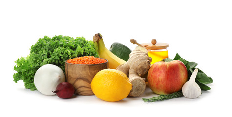 Natural products as home remedies for asthma on white background