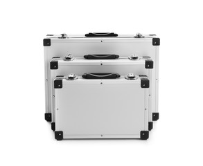 Set of modern suitcases on white background