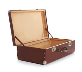 Open suitcase for travelling on white background