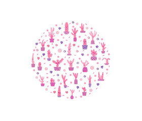 Vector cute cactus badge doodle style set.