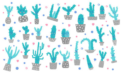 Vector cute cactus compositon doodle style set.