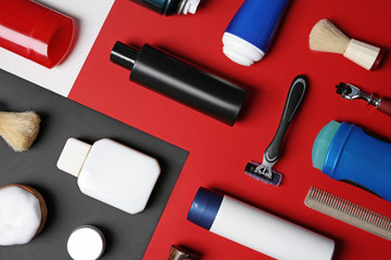 Flat lay composition with shaving accessories for men on color background