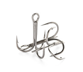 Metal hooks on white background. Fishing accessories
