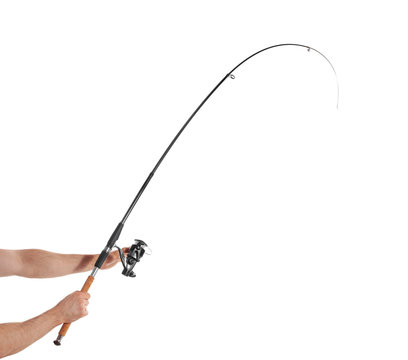 Man holding fishing rod on white background, closeup