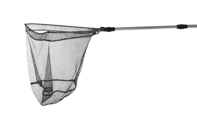 Empty landing net for fishing on white background