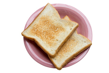 Slices of toast bread  and pink dish on isolate white background with clipping path.