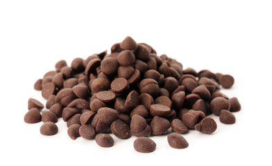 Pile of delicious dark chocolate chips on white background