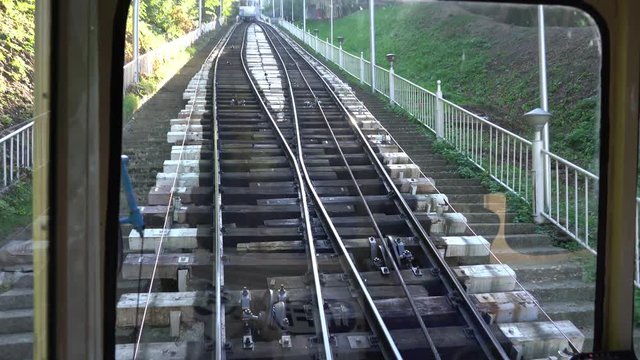 Funicular railway in Kiev, Ukraine. Funicular going up the rails to see the panoramic view