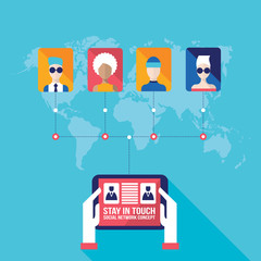 Hands holding tablet with web icons Social network Communication concept Vector illustration