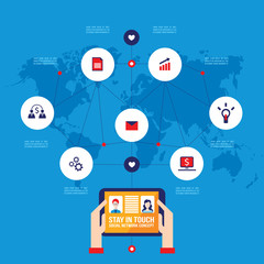 Hands holding tablet with icons Social network Communication Business concept Vector illustration