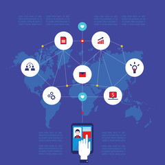 Hand touching tablet with icons Social network Communication Business concept Vector illustration