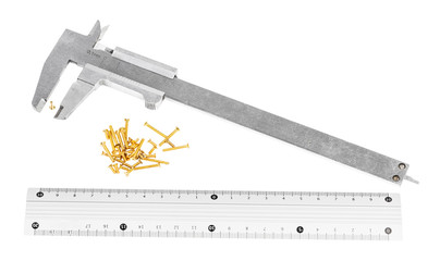 callipers, metallic ruler and lot of brass screws