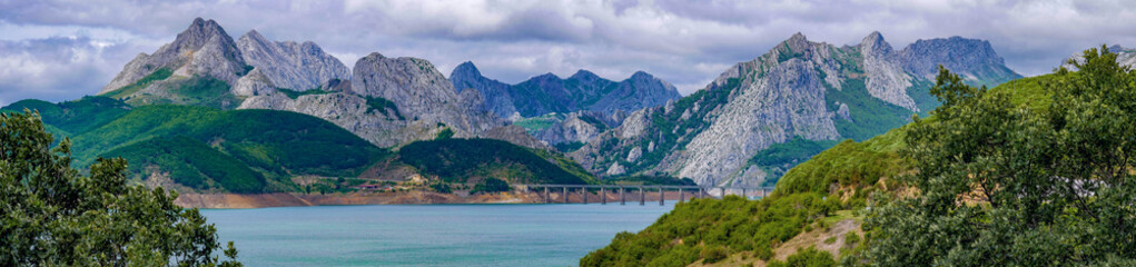 Fototapeta premium Reservoir in the mountains of Picos de Europa. Cantabrian, Riano, province of Leon. Castile and Leon, northern Spain