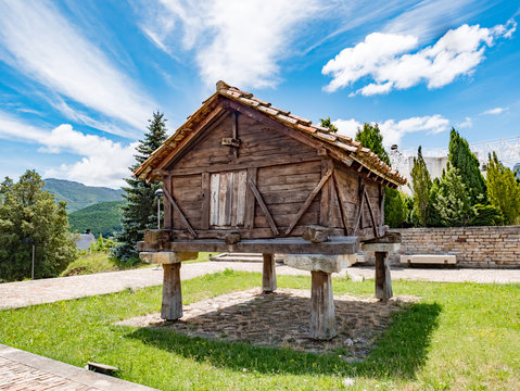 Old wooden Horreo, typical rural construction in Spain. Riano, province of Leon. Castile and Leon, northern Spain