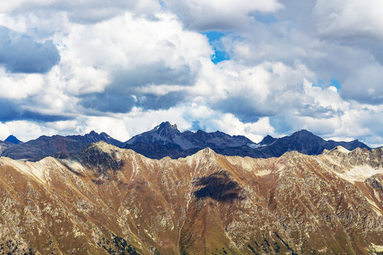 view of Caucasus mountains from Dombay sky station