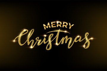 Merry Christmas text made of golden glitter and golden frame with glitter isolated on black background. Vector Christmas luxury design template. 