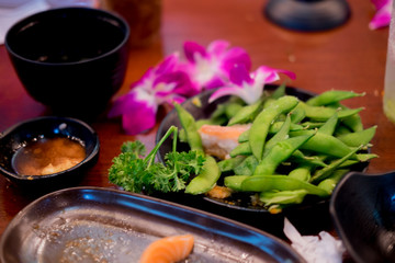 Dirty table dinner with food scraps after eating