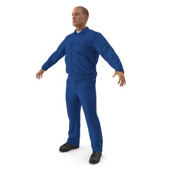 Mechanic Worker Wearing Blue Overalls Standing Pose. 3D Illustration