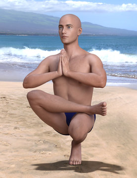 Yoga man in ardha padma padangusthasana or half lotus leg balance pose on a sandy beach. Vertical 3d render.