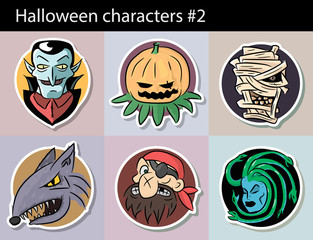 Characters Halloween Set 2. Vector sketch drawing. Vampire, pumpkin, mummy, werewolf, pirate, Gorgon Medusa