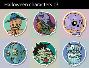 Characters Halloween Set 3. Vector sketch drawing. Scarecrow, witch, skull, sea monster, zombie, yeti