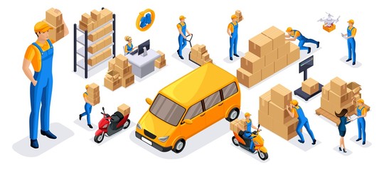 Isometric set of 2 service delivery icons, couriers carry orders, ride on official vehicles, scooter, car, drone quadrocopter, fast delivery