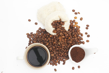 Coffee beans, grinded coffee, and black coffee ready to drink, white background, illustration