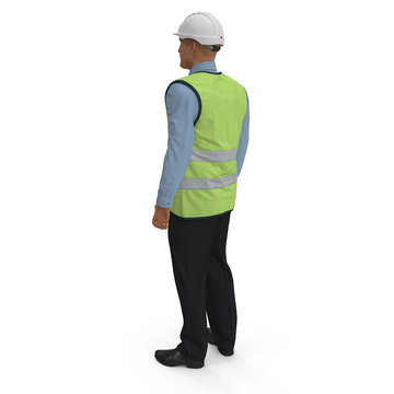 Port Engineer In High Visisbility Jacket Standing Pose Isolated On White Background. 3D Illustration
