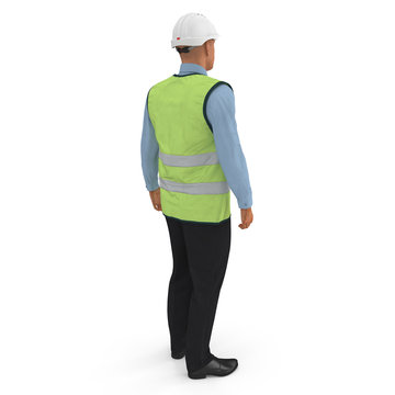 Port Engineer In High Visisbility Jacket Standing Pose Isolated On White Background. 3D Illustration