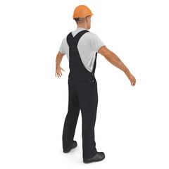 Worker In Black Uniform with Hardhat Standing Pose. 3D illustration, isolated