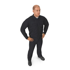 Worker Wearing Black Overalls Suit Standing Pose. 3D Illustration, isolated