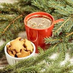 Cup of fragrant coffee. Recipe for ginger biscuits. NewYear
