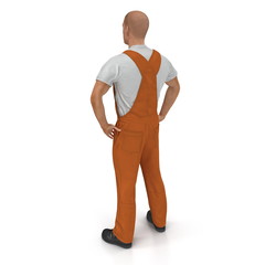 Worker Wearing Orange Overalls Suit Standing Pose. 3D Illustration, isolated