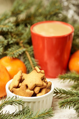 Obraz na płótnie Canvas Gingerbread Cookie. Cup of coffee. Spruce branch. Orange tangerines. NewYear