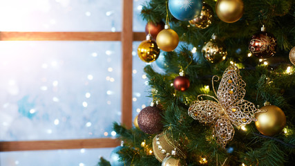 Christmas decorations and toys. New Year's atmosphere. Window