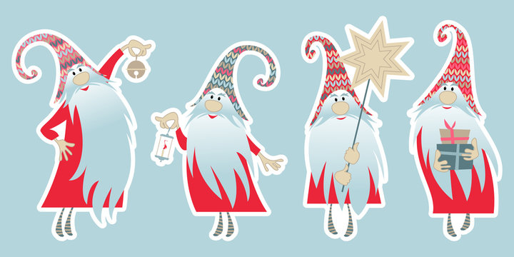 Scandinavian Christmas tradition. Stickers with 4 multi-colored gnomes with gifts, candles, bells and a Christmas star. Vector illustration