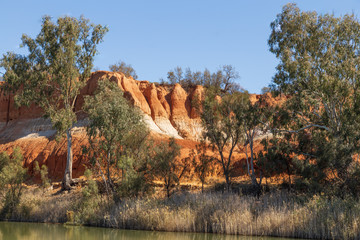 Landscape view of the red banded cliffs on the banks of the Murray River near Mildura in Victoria, Australia.