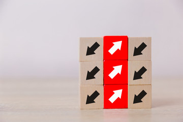 Red wooden blocks with white arrows facing opposite to the black arrows. With different concepts to other people. Going for success.