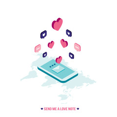 Isometric phone with hearts St Valentines Day love notes Vector illustration