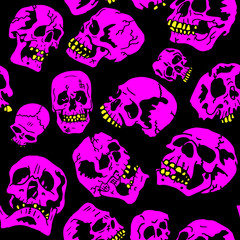vector pattern. purple pink skulls yellow gold teeth black background halloween