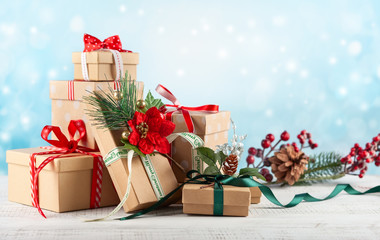  Holiday Christmas concept with gift boxes.