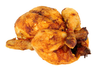 Whole roasted chicken isolated on a white background